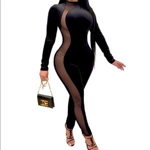Sexy black Jumpsuits Mesh See Through One Piece Outfit. Long Sleeve Jumpsuit